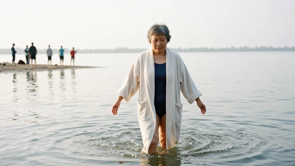 An East Asian woman in her sixties with short grey hair is wading steadily into the lake up to her waist, unhurried and entirely used to the cold, the group…
