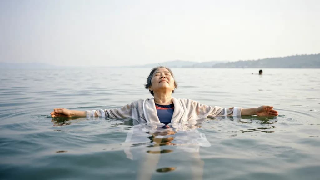An East Asian woman in her sixties with short grey hair is floating on her back in the middle of the lake with her ears under the water and the sky above her…