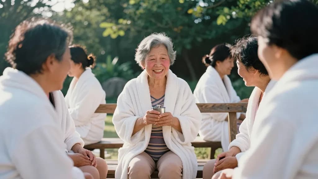 An East Asian woman in her sixties with short grey hair is sitting on the wooden bench afterwards wrapped in her robe with a flask cup in both hands, the gro…