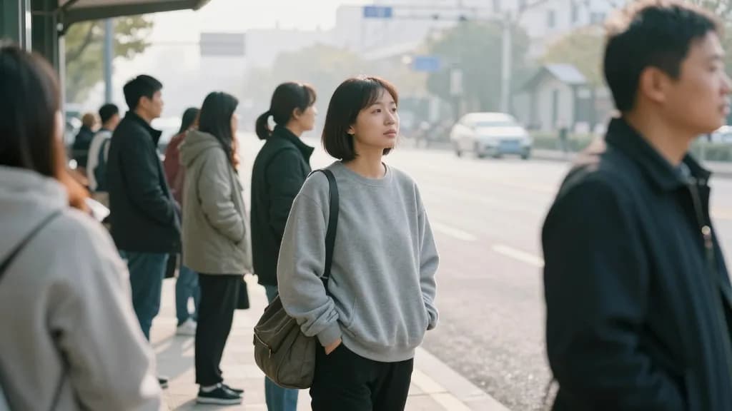An East Asian woman in her thirties with a short bob is standing at a bus stop early in the morning among commuters, all of them facing the same way up the r…
