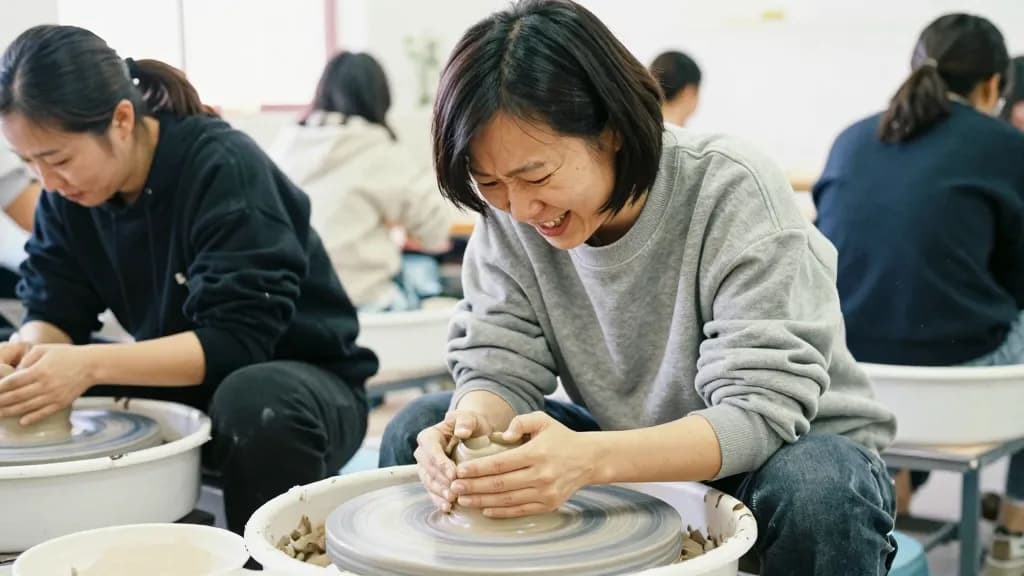 An East Asian woman in her thirties with a short bob is in a community pottery class as a complete beginner, a wobbling lump of clay on the wheel in front of…