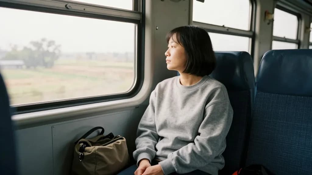 An East Asian woman in her thirties with a short bob is sitting on a train with her forehead near the window watching open country go past, a bag on the seat…