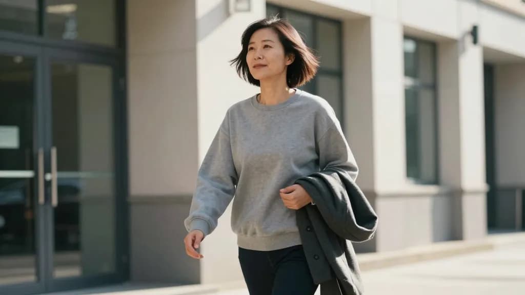 An East Asian woman in her thirties with a short bob is walking away from an office building in the middle of the afternoon with her coat over one arm, the d…