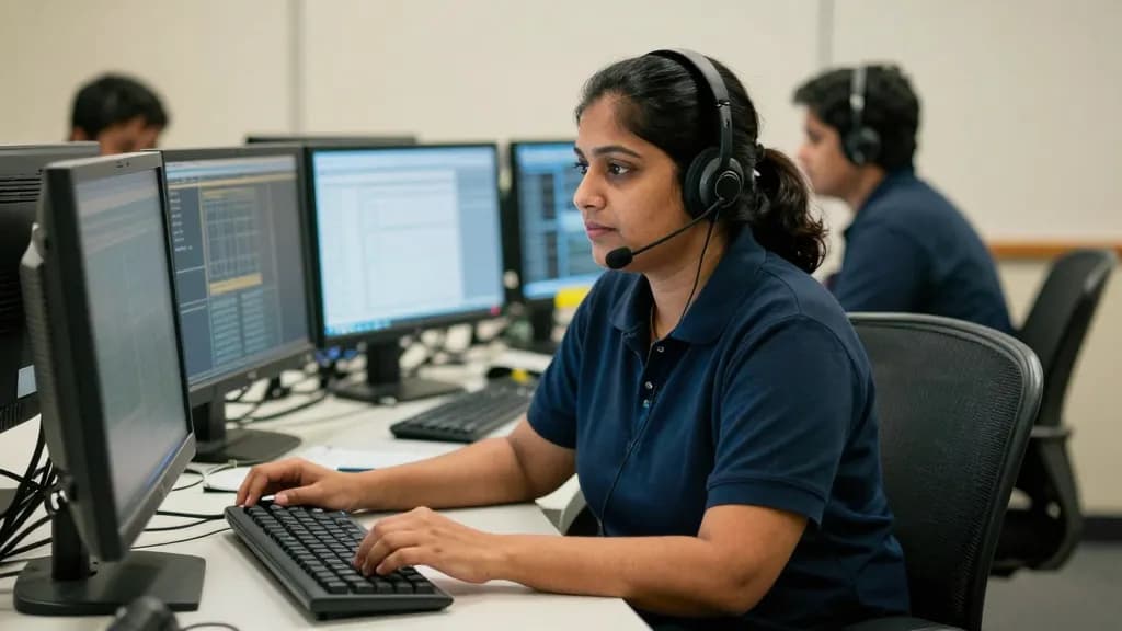 A South Asian woman in her thirties with hair tied back tightly is sitting at an emergency dispatch desk with three monitors angled away from the camera, a h…