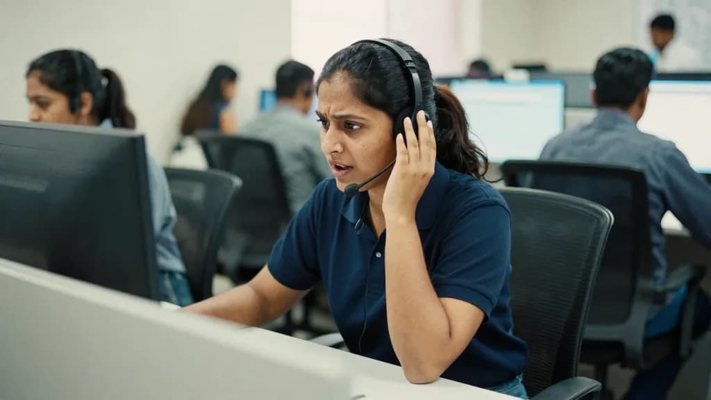 A South Asian woman in her thirties with hair tied back tightly is at the desk mid call with the room busy behind her, colleagues moving between stations and…
