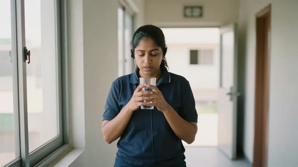 A South Asian woman in her thirties with hair tied back tightly is standing at a window in a quiet corridor outside the dispatch room with a cup of water, th…