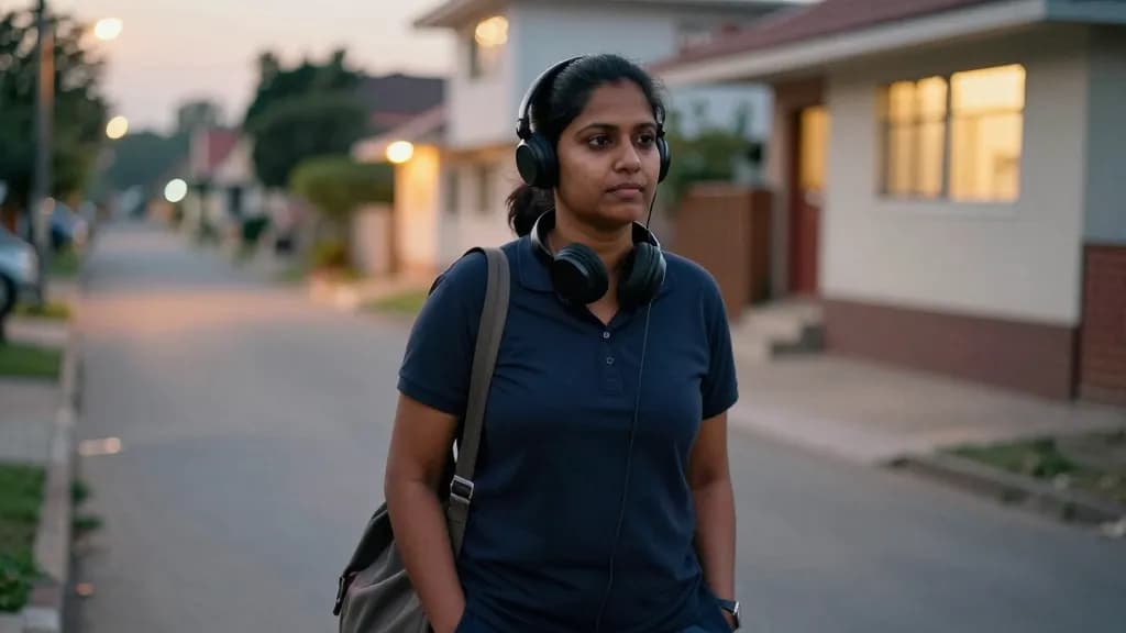 A South Asian woman in her thirties with hair tied back tightly is walking home along a quiet residential street after the shift with headphones on and a bag…