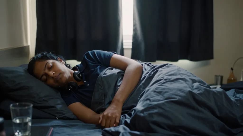 A South Asian woman in her thirties with hair tied back tightly is asleep in a darkened bedroom in the middle of the day with blackout curtains drawn and a g…