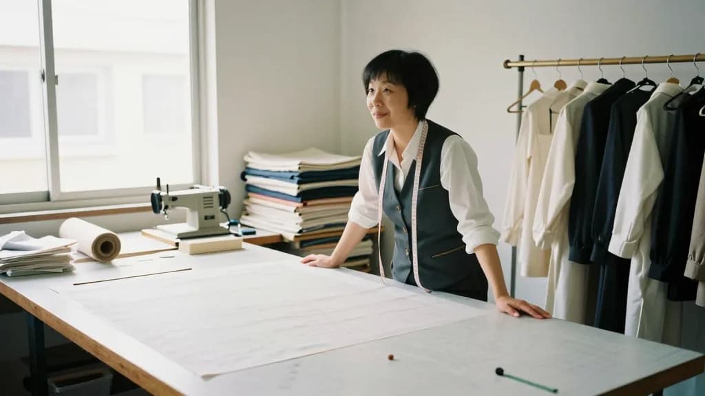 An East Asian woman in her thirties with a short undercut is standing in a small tailoring workshop between rails of finished garments and a wide cutting tab…