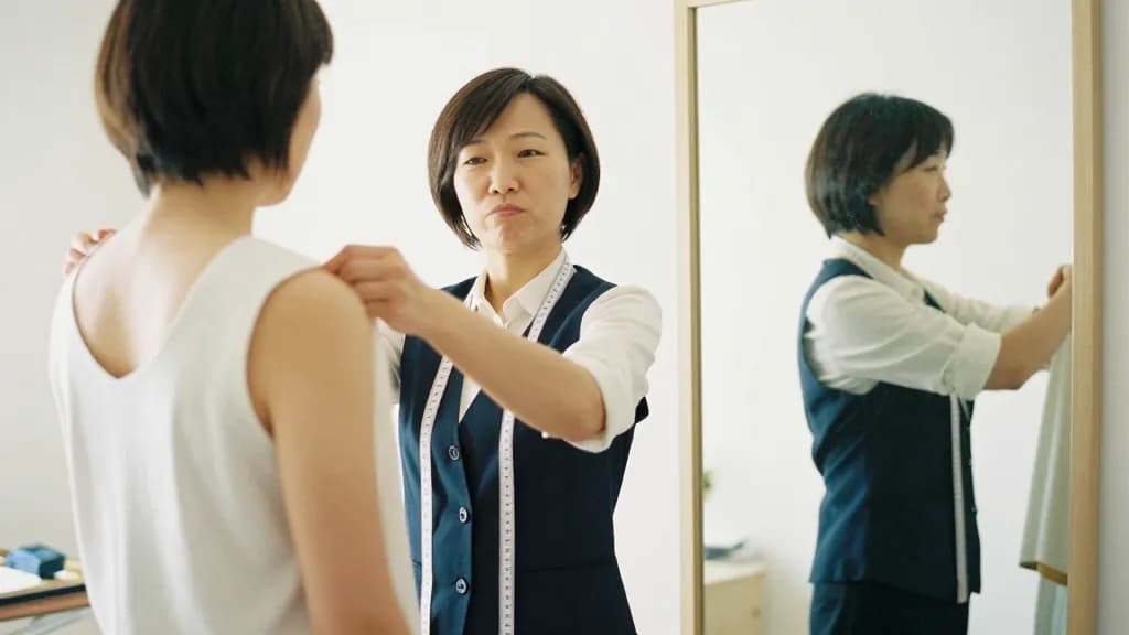 An East Asian woman in her thirties with a short undercut is holding a length of soft cloth against a client's shoulder to test the drape, the client standin…