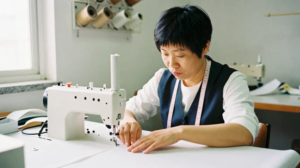 An East Asian woman in her thirties with a short undercut is working at the machine stitching a stiff canvas interlining, spools racked on the wall and offcu…