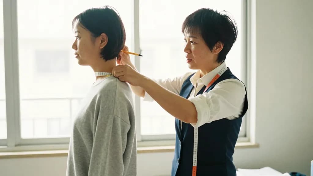 An East Asian woman in her thirties with a short undercut is taking a shoulder measurement from a client standing on the low platform, the tape held level an…