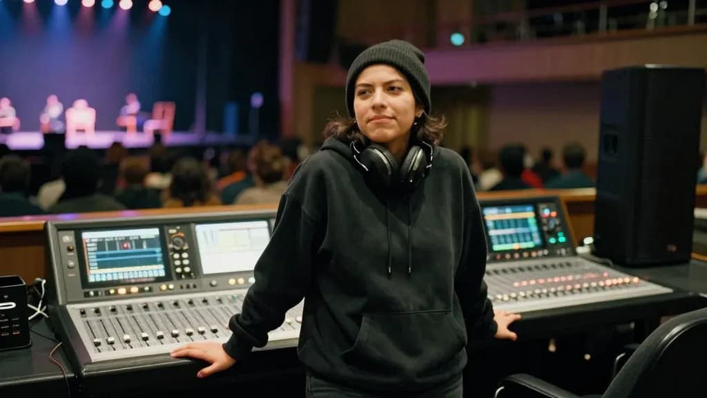 A Latina woman in her late twenties with dark hair under a beanie is standing at a live sound desk at the back of a small venue, banks of faders in front of…