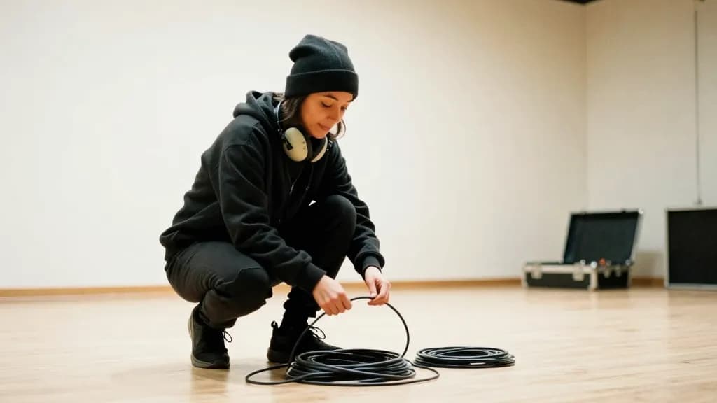 A Latina woman in her late twenties with dark hair under a beanie is coiling cables on the empty stage after the show, the house lights up and the room bare,…