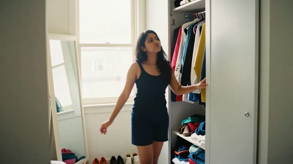 A South Asian woman in her late twenties with long dark hair is standing in front of an open wardrobe in a small bedroom, clothes packed on the rail and shoe…