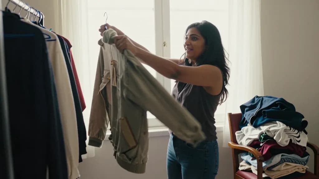 A South Asian woman in her late twenties with long dark hair is pulling a favourite worn jacket off a hanger, other clothes pushed along the rail and a chair…