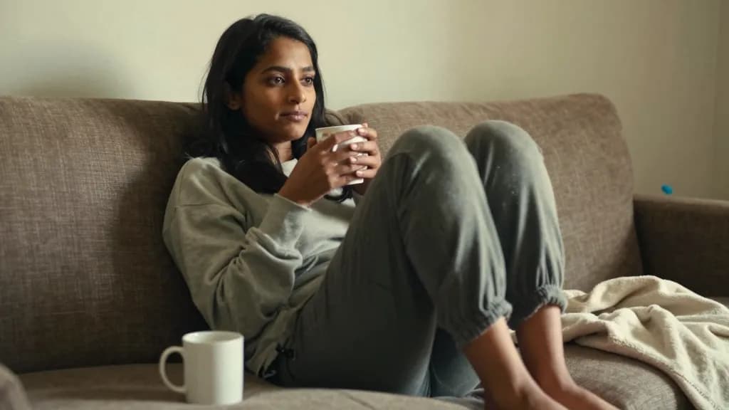 A South Asian woman in her late twenties with long dark hair is curled on a sofa in worn joggers and an oversized jumper with a mug on the floor beside her a…