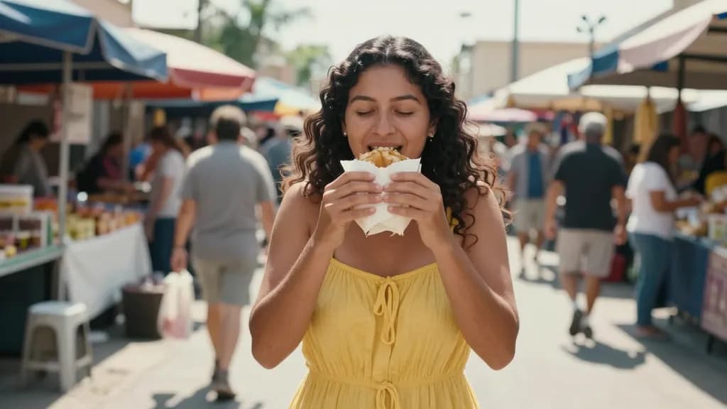 A Latina woman in her late twenties with dark curly hair loose is standing in a busy summer street market eating something from a paper wrapper, stalls and a…