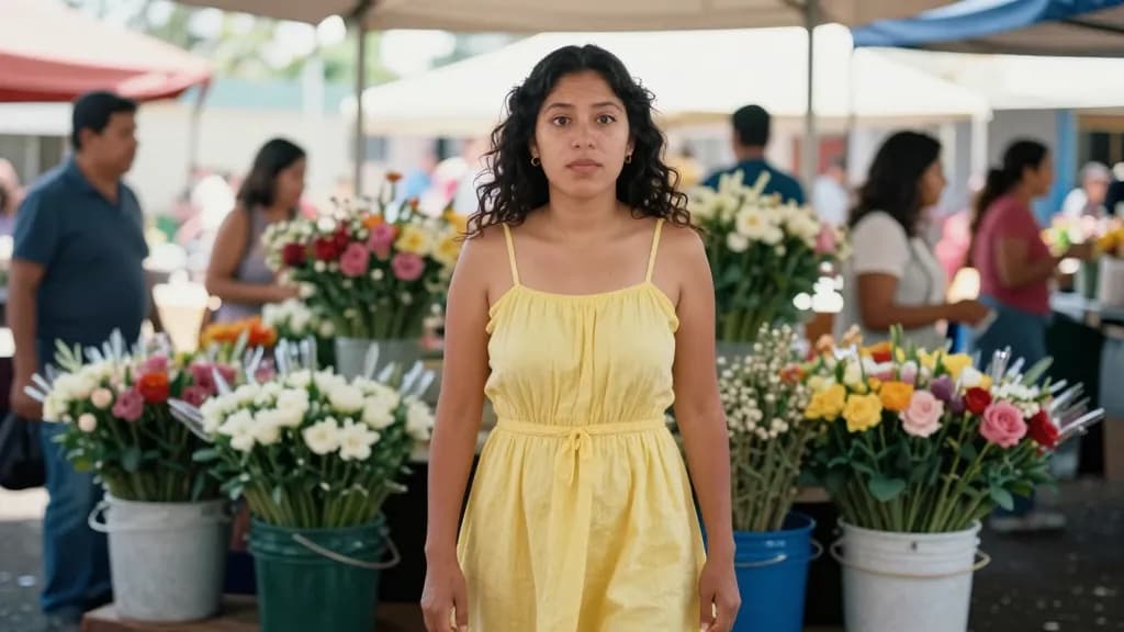 A Latina woman in her late twenties with dark curly hair loose is standing still in front of a flower stall while the market moves around her, buckets of ste…