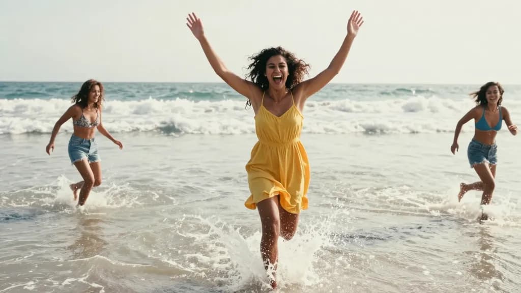 A Latina woman in her late twenties with dark curly hair loose is running into the sea fully dressed in the sundress with two friends, spray around her knees…