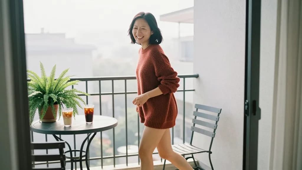 An East Asian woman in her late twenties with a dark bob is stepping out onto a small apartment balcony in bright morning haze, two glasses of iced coffee al…