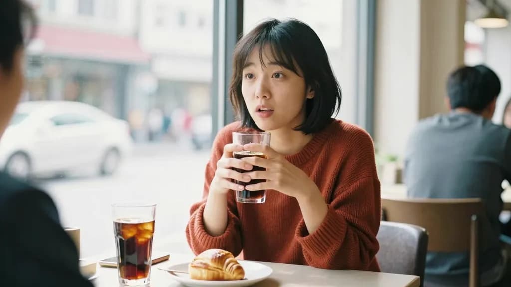 An East Asian woman in her late twenties with a dark bob is sitting across a café table from someone on a bright afternoon, two tall glasses of soda and a pl…