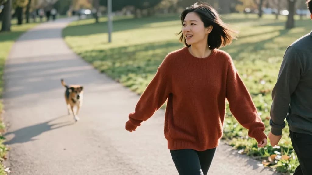 An East Asian woman in her late twenties with a dark bob is walking beside her date along a park path in the late afternoon, long shadows across the grass an…