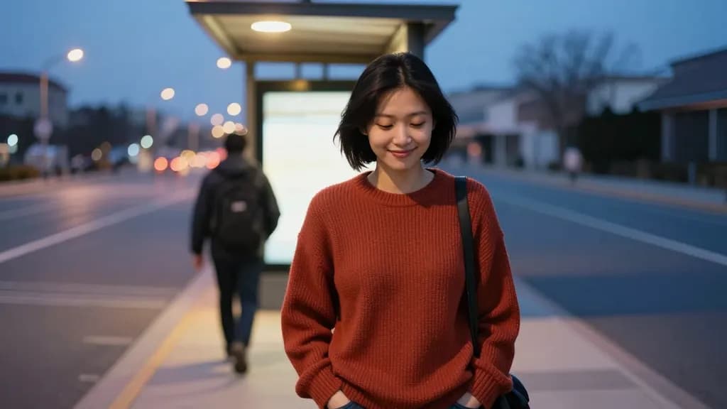 An East Asian woman in her late twenties with a dark bob is standing at a bus stop at dusk with the date already walking away up the road behind her, the she…