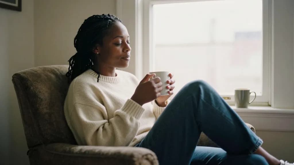 A Black woman in her thirties with braids gathered loosely is sitting sideways in a deep armchair by a window with her legs over the arm and a mug on the sil…