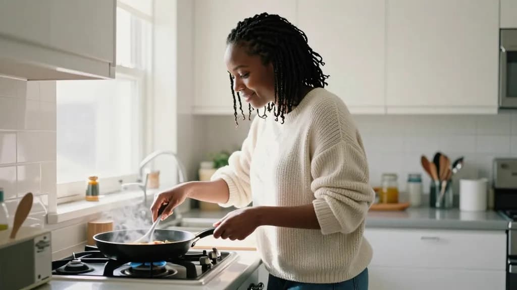 A Black woman in her thirties with braids gathered loosely is standing in a kitchen slowly making breakfast with no rush, a pan going and the radio on, still…