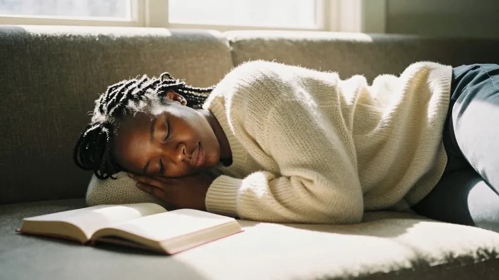 A Black woman in her thirties with braids gathered loosely is asleep on a sofa in the middle of the afternoon under a throw with a book face down on the floo…
