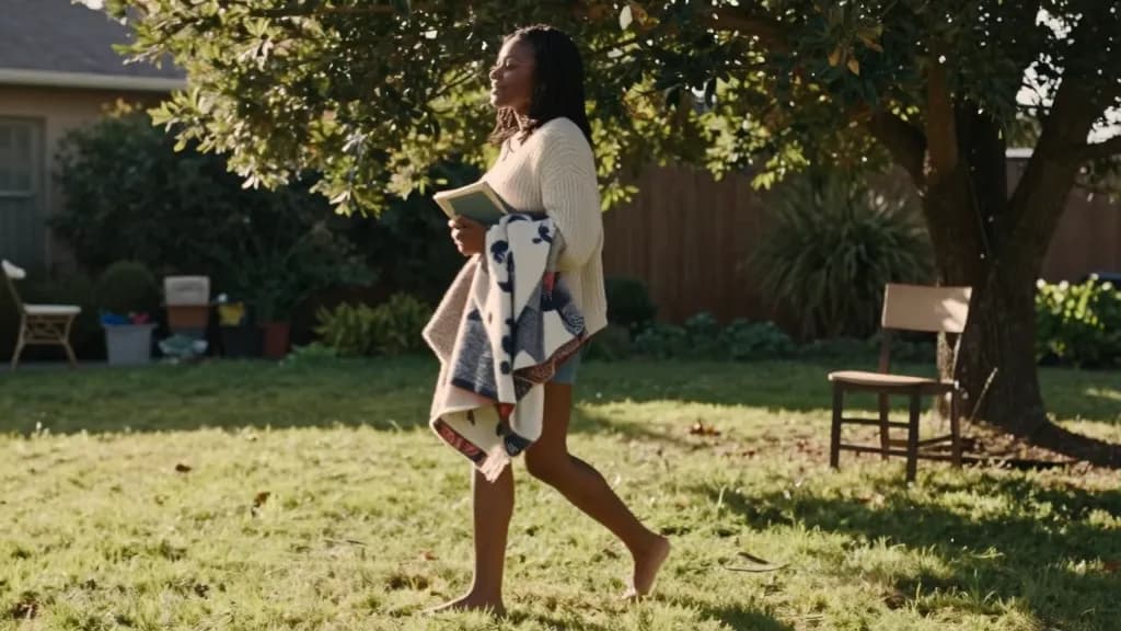A Black woman in her thirties with braids gathered loosely is walking barefoot across a garden lawn in the late afternoon carrying a blanket and a book, a ch…