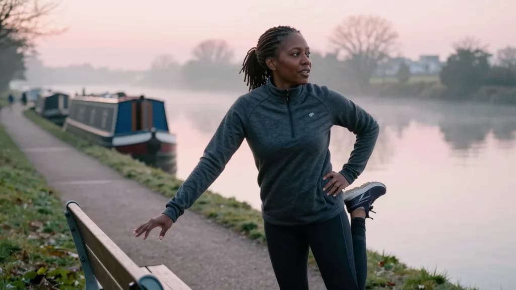 A Black woman in her late forties with locs tied back is standing on a canal towpath at dawn stretching before a run, moored narrowboats along the bank and m…