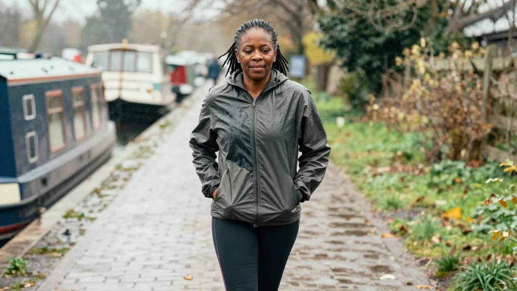 A Black woman in her late forties with locs tied back is walking the same towpath at a gentle pace in the rain wearing a waterproof, the water pocked with dr…