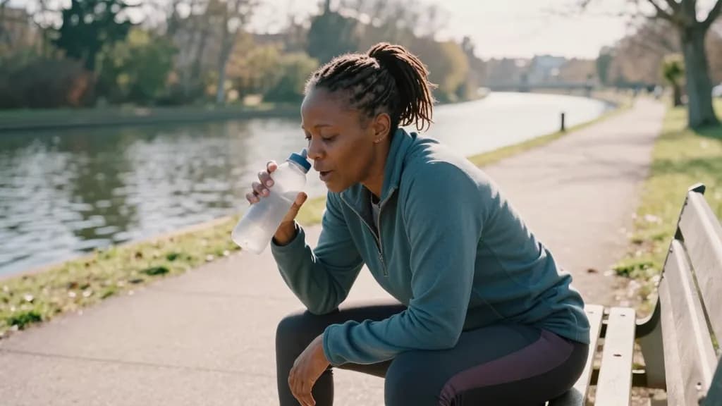 A Black woman in her late forties with locs tied back is sitting on a bench beside the canal after a run with a water bottle in both hands, catching her brea…