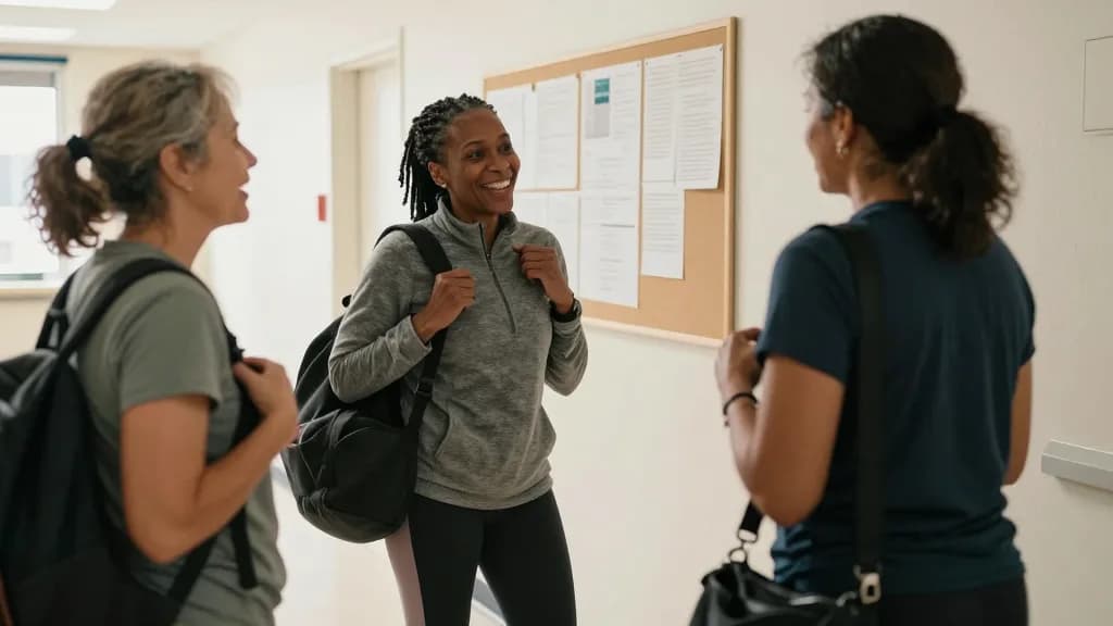 A Black woman in her late forties with locs tied back is standing in a community centre corridor after a class talking with two women her own age, gym bags o…