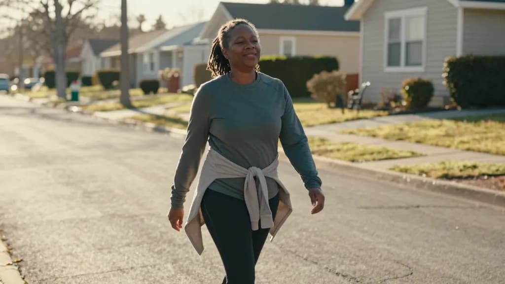 A Black woman in her late forties with locs tied back is walking home along a residential street in the low morning sun with her fleece tied round her waist,…