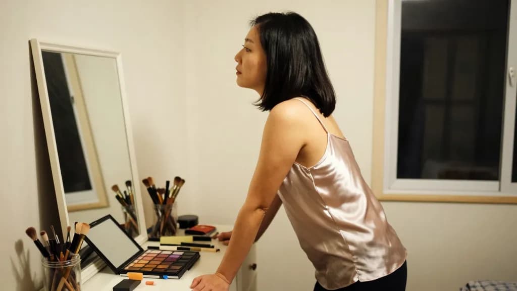 An East Asian woman in her thirties with a sleek shoulder-length bob is standing at a bedroom dresser in the early evening surrounded by her own things, open…