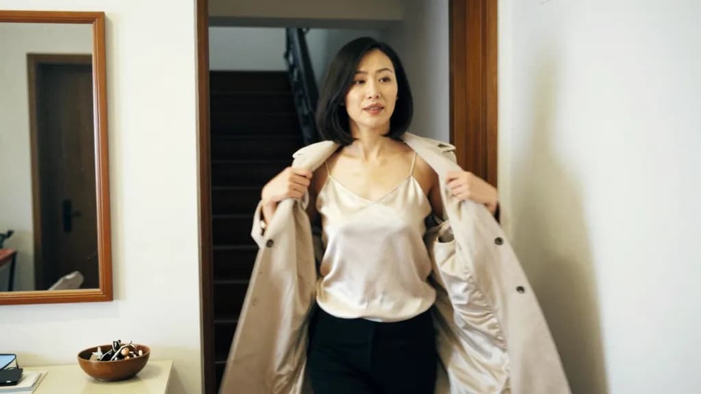An East Asian woman in her thirties with a sleek shoulder-length bob is standing in a hallway pulling on a long coat over the outfit, a mirror on the wall an…