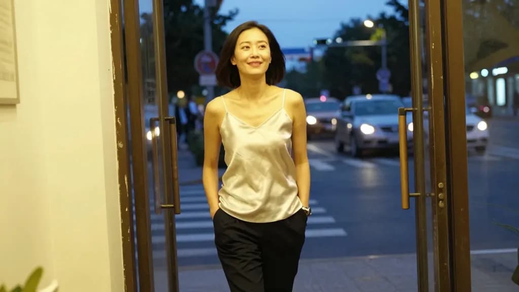 An East Asian woman in her thirties with a sleek shoulder-length bob is walking out of a building entrance into a lit evening street, the door swinging behin…