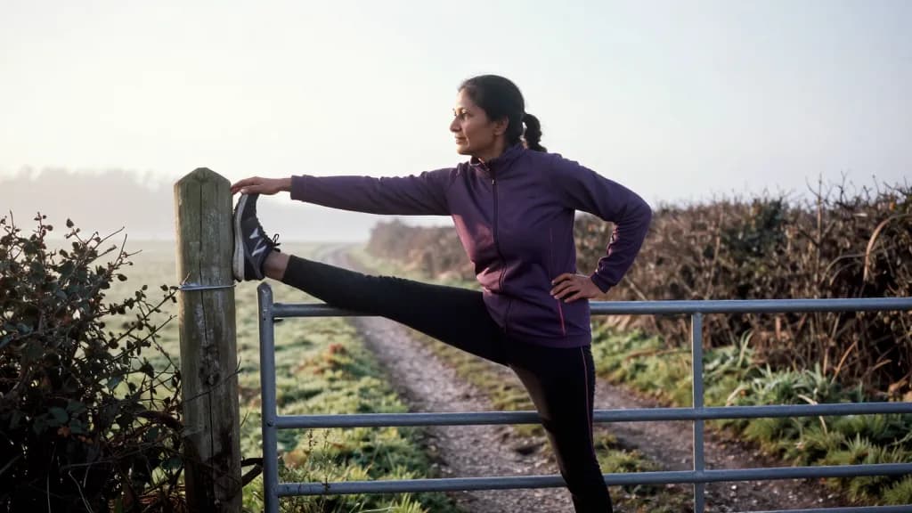 A South Asian woman in her forties with hair braided back is standing at the start of a country trail in the early morning stretching against a gate post, mi…