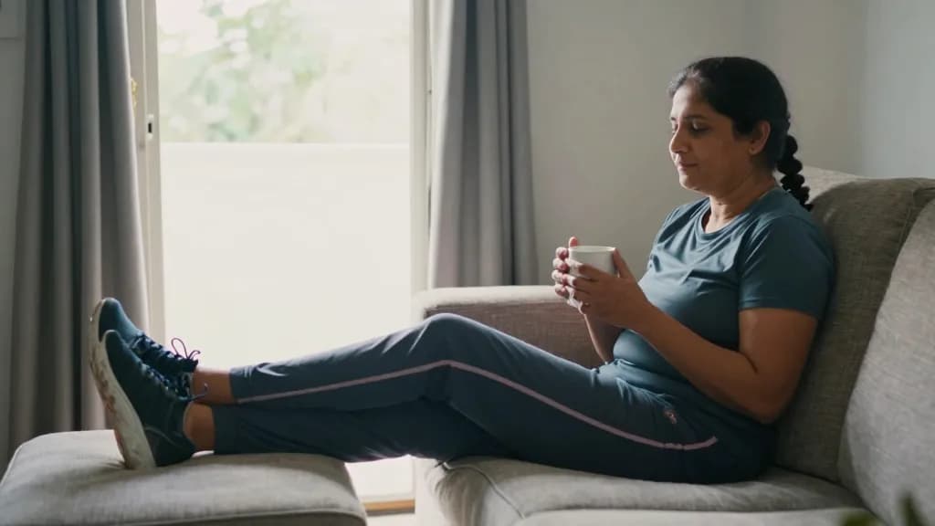 A South Asian woman in her forties with hair braided back is sitting on a sofa with her legs up on a footstool and a mug in both hands, trainers by the door…