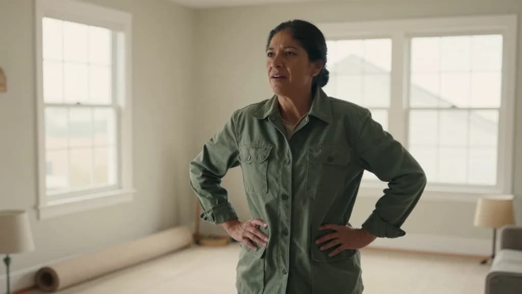 A Latina woman in her forties with dark hair in a low bun is standing in a living room where the furniture has been pulled away from the walls mid rearrangem…