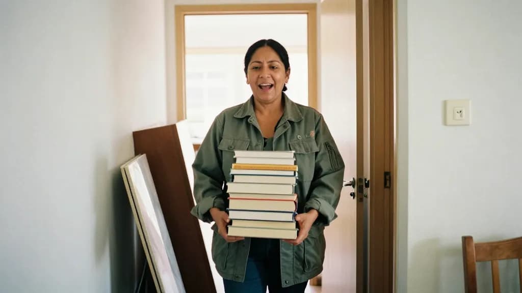 A Latina woman in her forties with dark hair in a low bun is carrying a stack of books from one room to another, the hallway crowded with displaced furniture…
