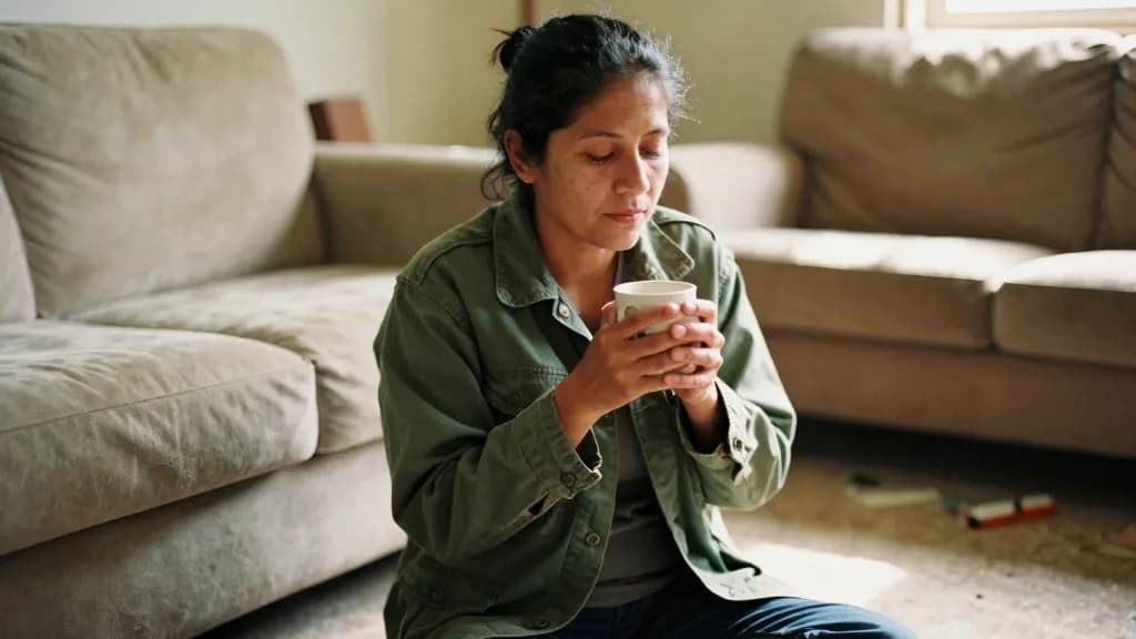 A Latina woman in her forties with dark hair in a low bun is sitting on the floor of the half-rearranged room with a mug, furniture still displaced around he…