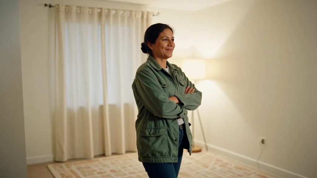 A Latina woman in her forties with dark hair in a low bun is standing in the finished room with everything in its new place, a lamp lit and the rug down, cur…