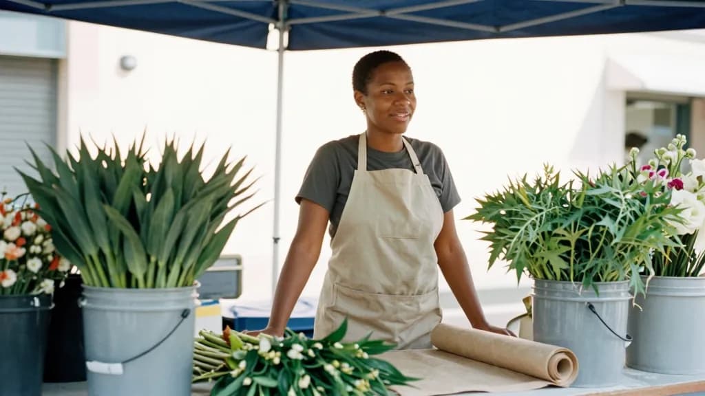 A Black woman in her early thirties with short natural hair is standing behind a flower stall on a market street wearing a canvas apron over a t-shirt, bucke…