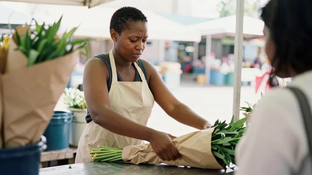 A Black woman in her early thirties with short natural hair is wrapping a bunch of stems in brown paper on the stall counter wearing the apron, more buckets…