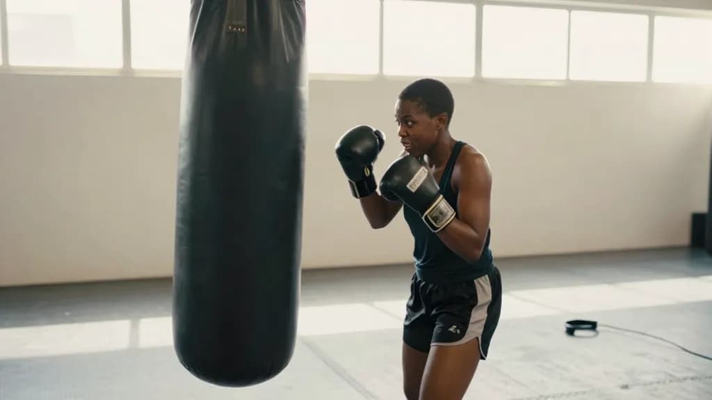 A Black woman in her early thirties with short natural hair is working a heavy bag in a bare boxing gym wearing training gear and worn gloves, a skipping rop…