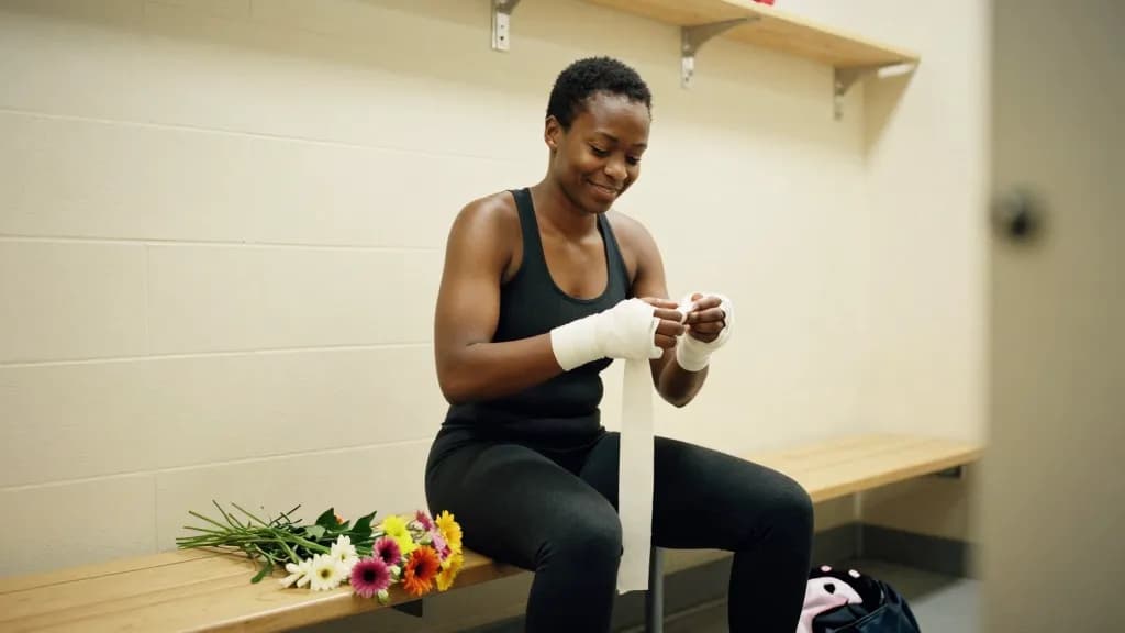 A Black woman in her early thirties with short natural hair is sitting on a bench in the gym changing room unwrapping her hand wraps, a bunch of flowers from…